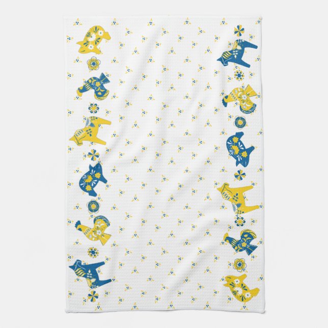 Swedish Folk Dala Farm Animals l Blue and Yellow Tea Towel (Vertical)