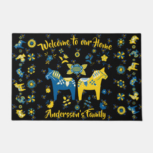 Swedish Folk Dala Horse l Blue and Yellow Doormat