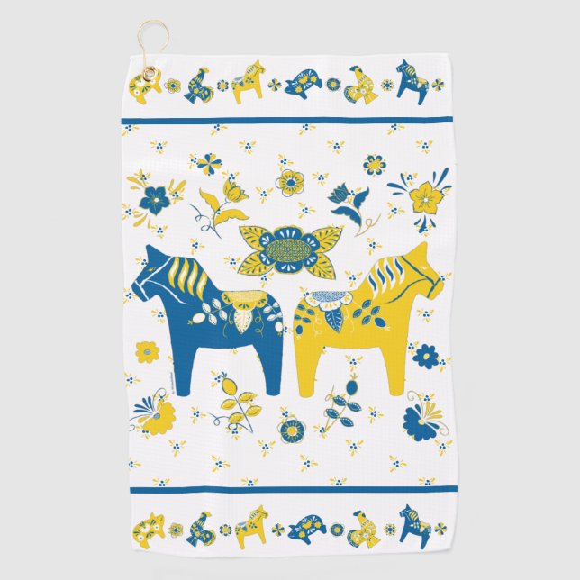 Swedish Folk Dala Horse l Blue and Yellow Golf Towel (Front)