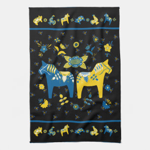 Swedish Folk Dala Horse l Blue and Yellow Tea Towel