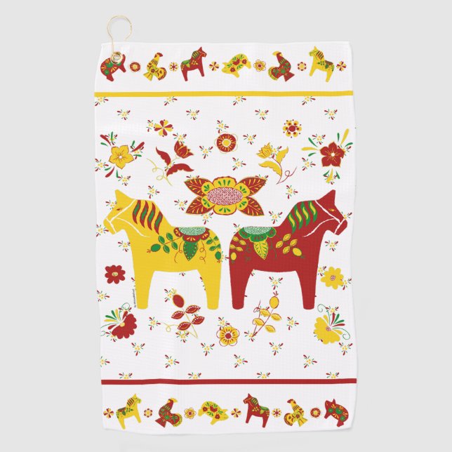 Swedish Folk Dala Horse l Red and Yellow Golf Towel (Front)