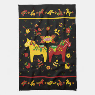 Swedish Folk Dala Horse l Red and Yellow Tea Towel