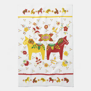 Swedish Folk Dala Horse l Red and Yellow Tea Towel
