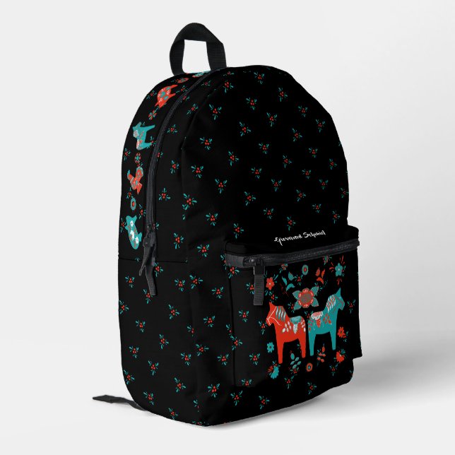 Swedish Folk Dala Horse l Teal and Red Printed Backpack (Back Corner Left)
