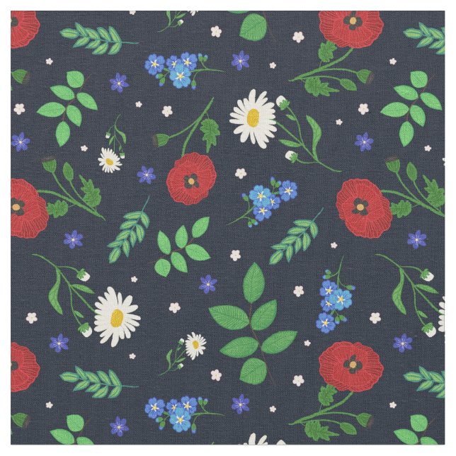 Swedish Folk Flowers - Floral Pattern Fabric (Close Up)