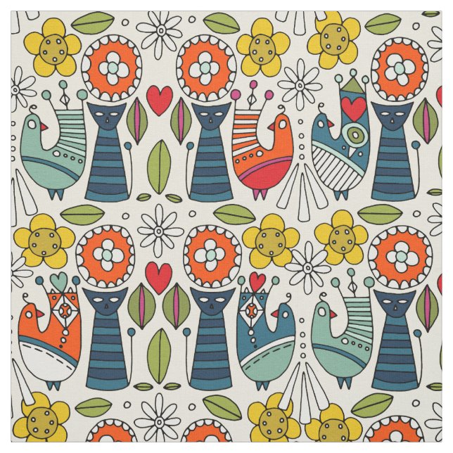 Swedish folksy cats and birds fabric (Swatch)