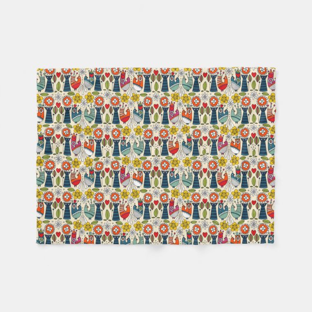 Swedish folksy cats and birds fleece blanket (Front (Horizontal))
