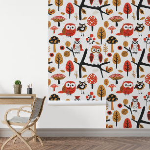 Swedish Forest Scandinavian Owls Whimsical Wallpaper