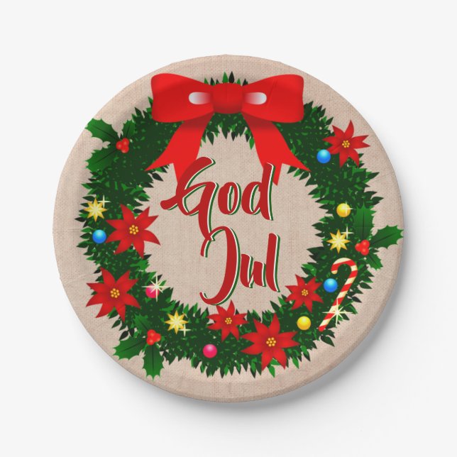Swedish God Jul Merry Christmas 7" Paper Plate (Front)