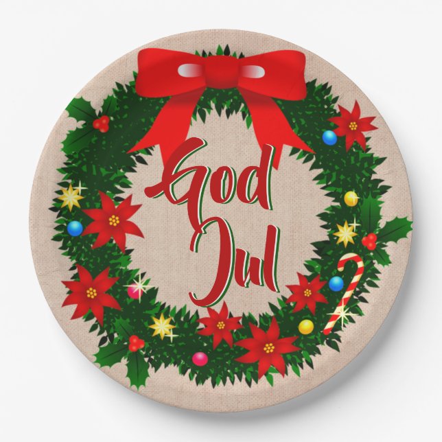 Swedish God Jul Merry Christmas 9" Paper Plate (Front)