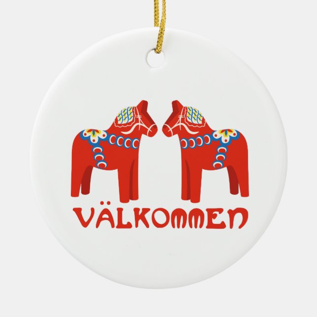 Swedish Horse Valkommen Ceramic Tree Decoration (Front)