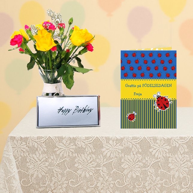 Swedish ladybug blue yellow add name birthday card (Grattis på födelsedagen)