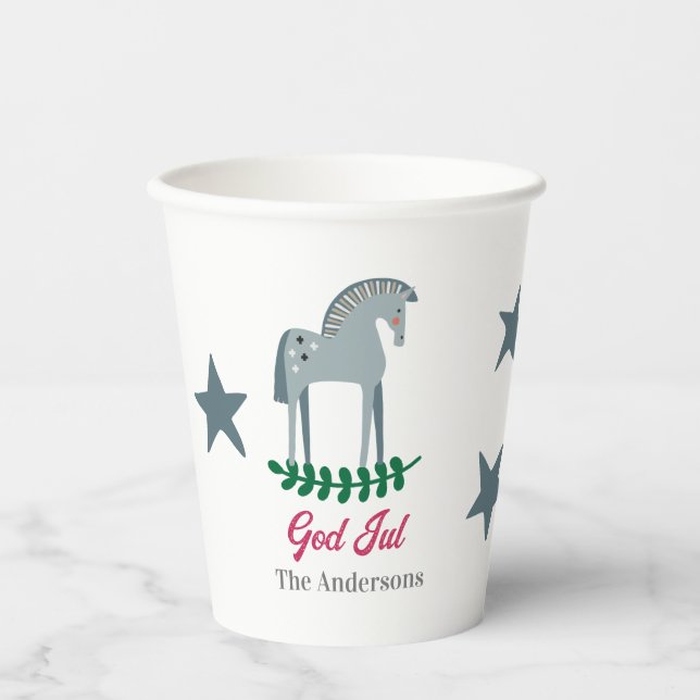 Swedish Merry Christmas Dala Horse 2 Paper Cups (Front)