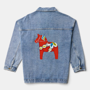 Swedish Red Dala Horse Folk Art Denim Jacket