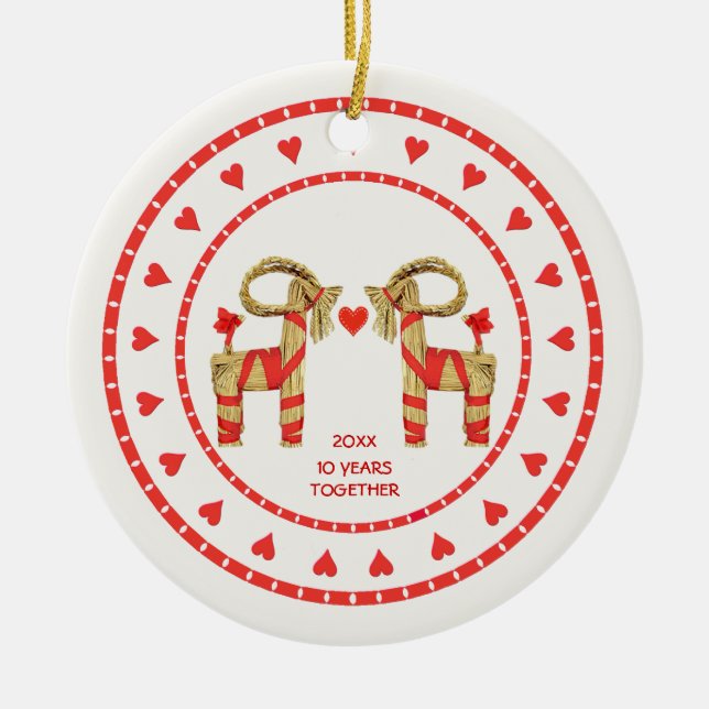 Swedish Straw Goats 10 Years Together Dated Ceramic Tree Decoration (Front)