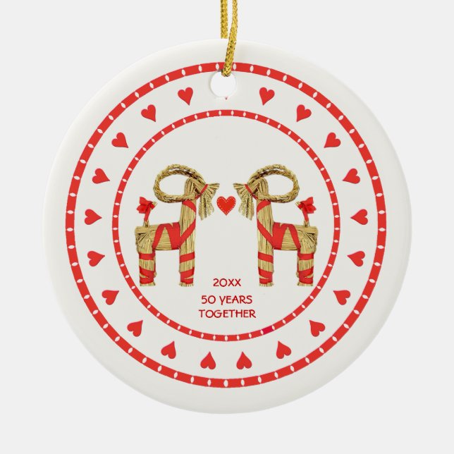 Swedish Straw Goats 50 Years Together Dated Ceramic Tree Decoration (Front)