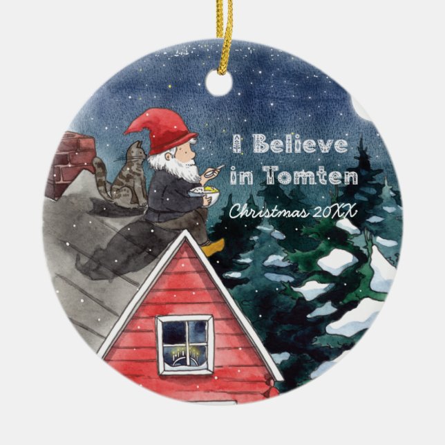 Swedish Tomten Gnome Water Colour  Ceramic Tree Decoration (Front)