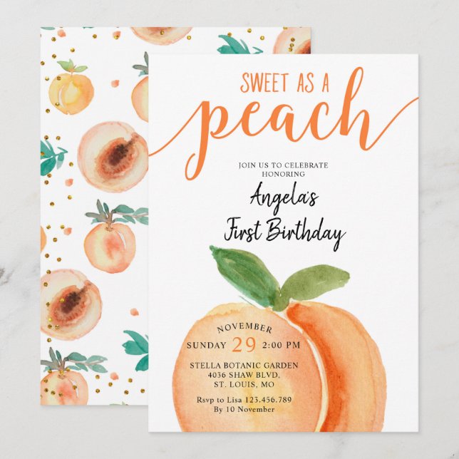 Sweeat as a Peach Girl First Birthday Invitation (Front/Back)