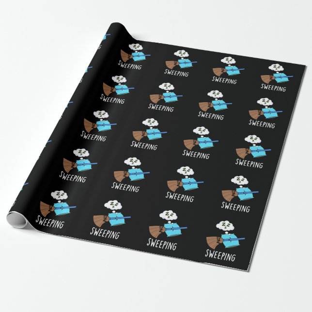 Sweeping Funny Sleeping Broom Pun Dark BG Wrapping Paper (Unrolled)