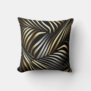 Sweeping Gold and Silver Stripes on Black Cushion