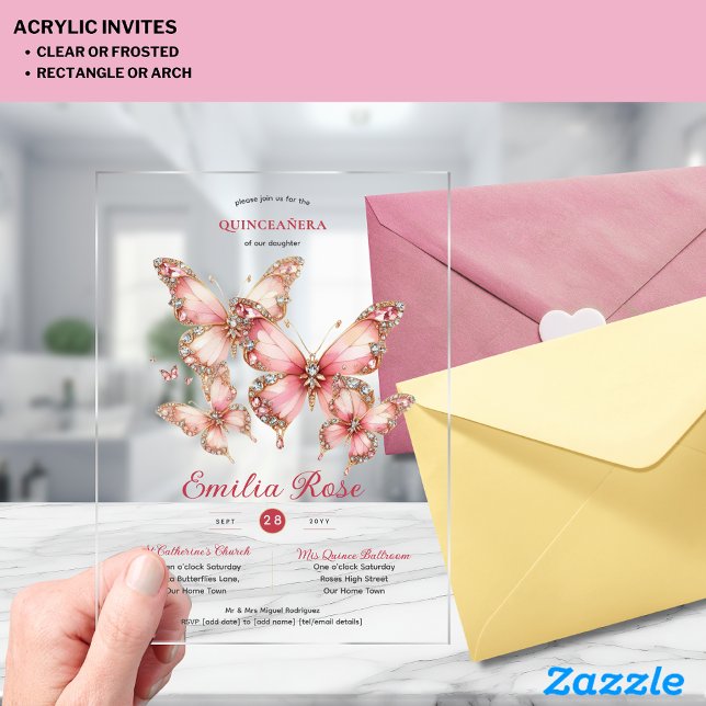 Sweet15 Butterflies QUINCEANERA Blush Pink Diamond Acrylic Invitations (Creator Uploaded)