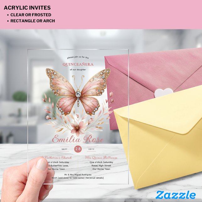 Sweet15 Butterflies QUINCEANERA Blush Pink Diamond Acrylic Invitations (Creator Uploaded)