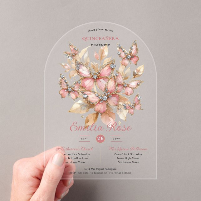 Sweet15 Butterflies QUINCEANERA Blush Pink Diamond Acrylic Invitations (Insitu (Handheld))