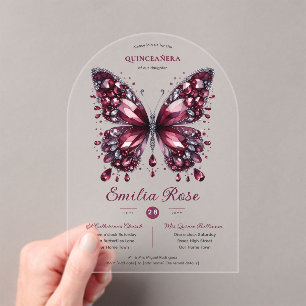Sweet15 Butterflies QUINCEANERA Burgundy Diamond Acrylic Invitations