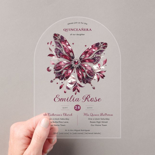 Sweet15 Butterflies QUINCEANERA Burgundy Diamond Acrylic Invitations (Insitu (Handheld))