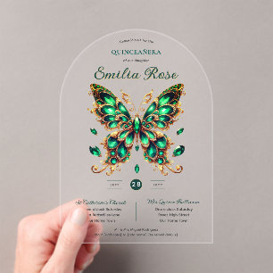 Sweet15 Butterflies QUINCEANERA Emerald Green Gold Acrylic Invitations