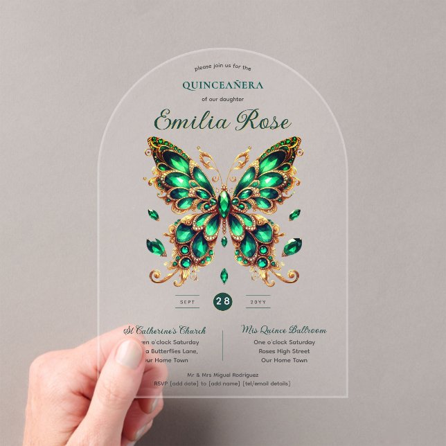 Sweet15 Butterflies QUINCEANERA Emerald Green Gold Acrylic Invitations (Insitu (Handheld))