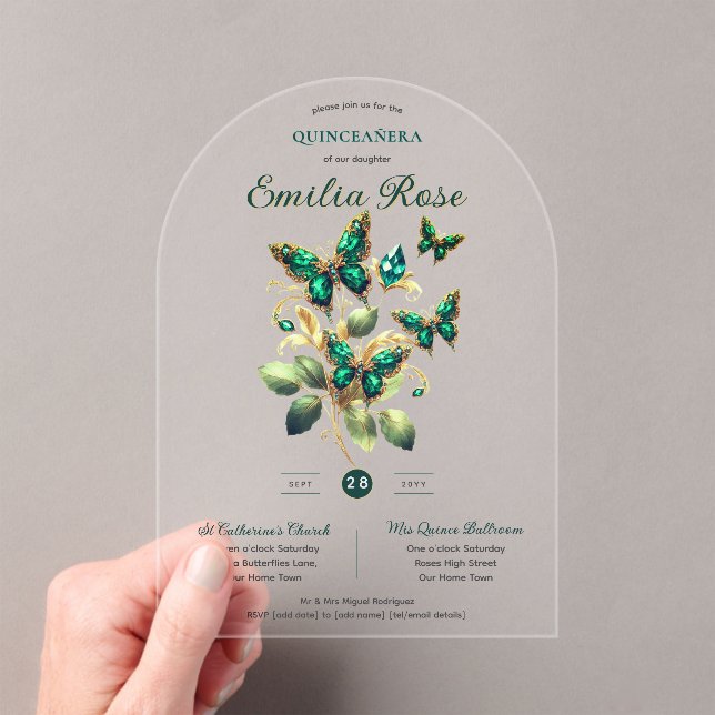 Sweet15 Butterflies QUINCEANERA Emerald Green Gold Acrylic Invitations (Insitu (Handheld))