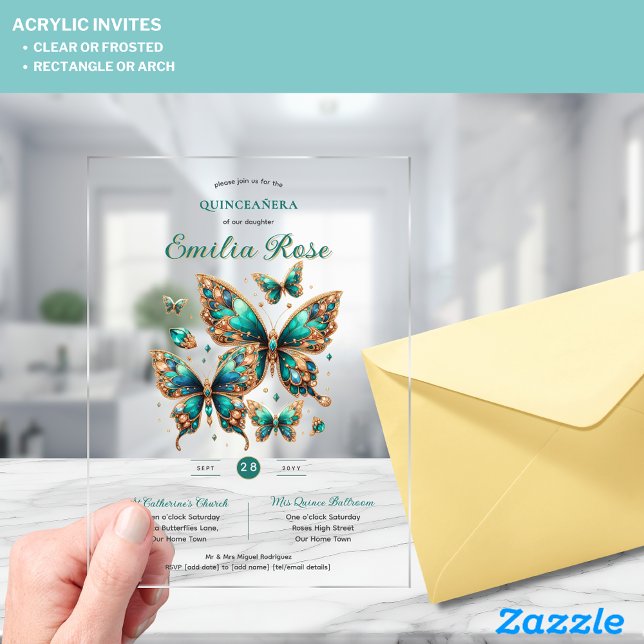 Sweet15 Butterflies QUINCEANERA Emerald Green Gold Acrylic Invitations (Creator Uploaded)