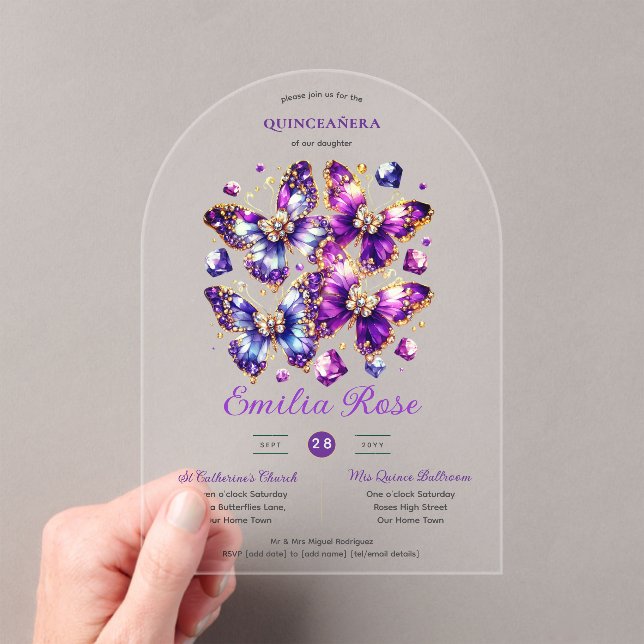 Sweet15 Butterflies QUINCEANERA Purple Blue Gold Acrylic Invitations (Insitu (Handheld))