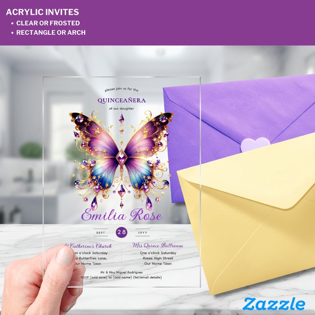 Sweet15 Butterflies QUINCEANERA Purple Blue Gold Acrylic Invitations (Creator Uploaded)