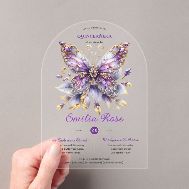 Sweet15 Butterflies QUINCEANERA Purple Blue Gold Acrylic Invitations (Insitu (Handheld))