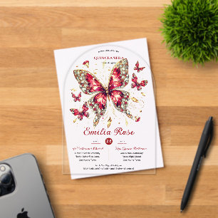 Sweet15 Butterflies QUINCEANERA Red Card Diamond Acrylic Invitations