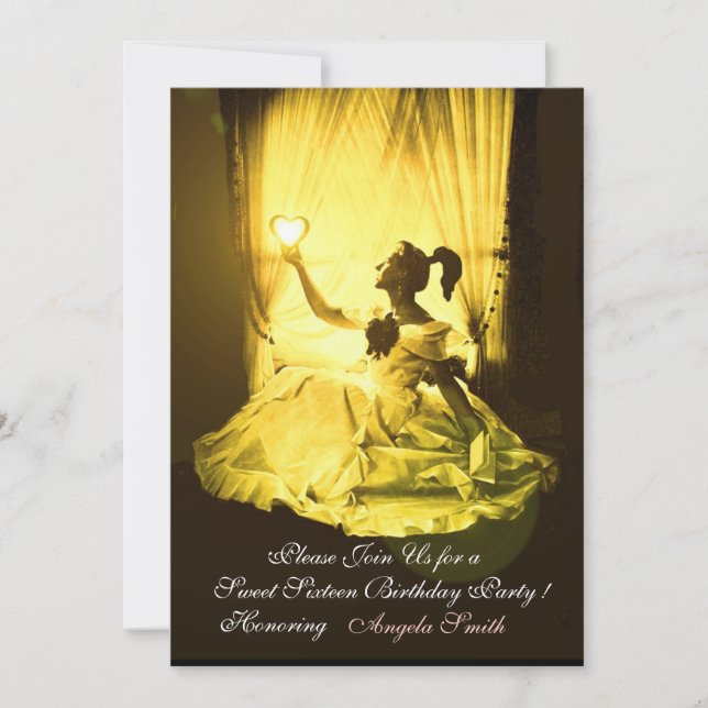 SWEET16 BIRTHDAY PARTY YELLOW BLACK DAMASK Gold Invitation (Front)