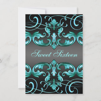 Sweet16 Black/Blue Damask & Tiara Birthday Invite