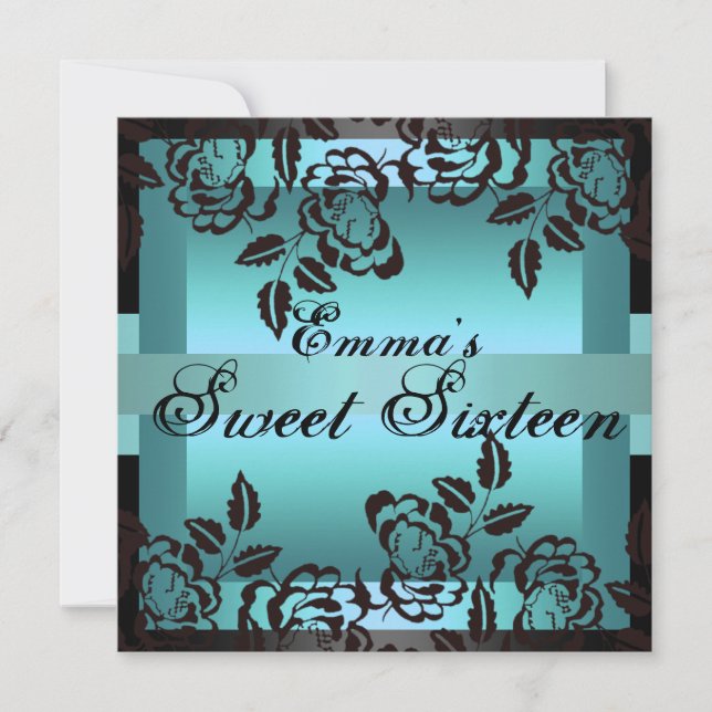 Sweet16 Blue Elegant Rose Birthday Invite (Front)