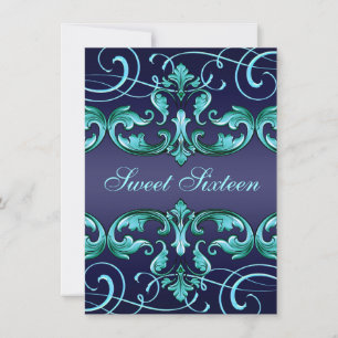Sweet16 Dark Blue Damask & Tiara Birthday Invite