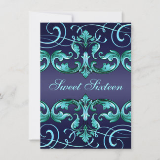 Sweet16 Dark Blue Damask & Tiara Birthday Invite