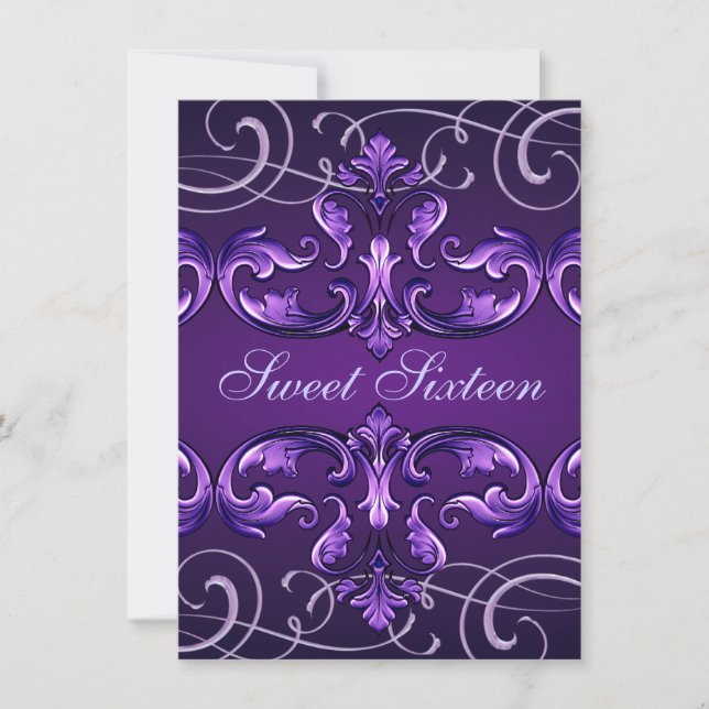 Sweet16 Dark Purple Damask & Tiara Birthday Invite (Front)