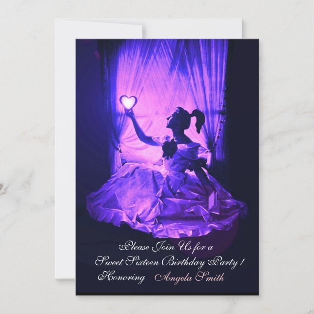 SWEET16 PARTY,PINK BLUE BLACK DAMASK INVITATION (Front)