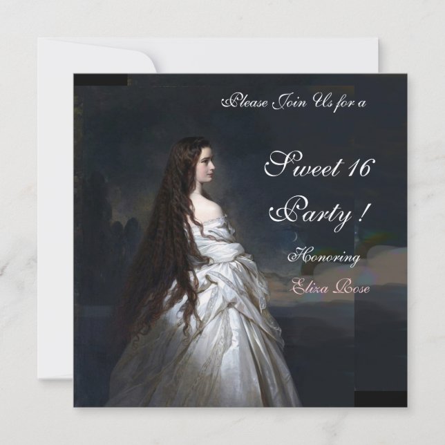 SWEET16 PARTY,RED,BLACK AND WHITE DAMASK INVITATION (Front)