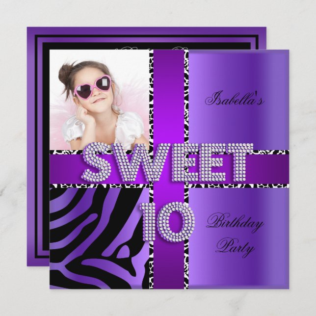 Sweet 10 10th Birthday Zebra Cow Purple Black Invitation (Front/Back)