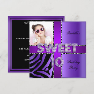 Sweet 10 10th Birthday Zebra Cow Purple Black Invitation