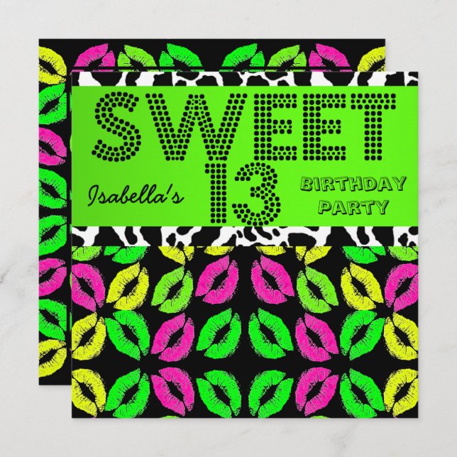 Sweet 13 13th Birthday Lips Cow Lime Pink Black Invitation (Front/Back)