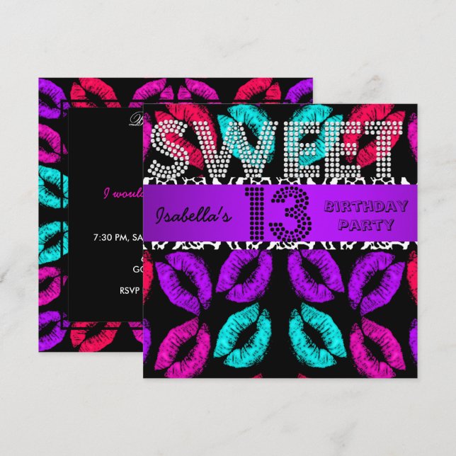 Sweet 13 13th Birthday Lips Cow Purple Black Invitation (Front/Back)