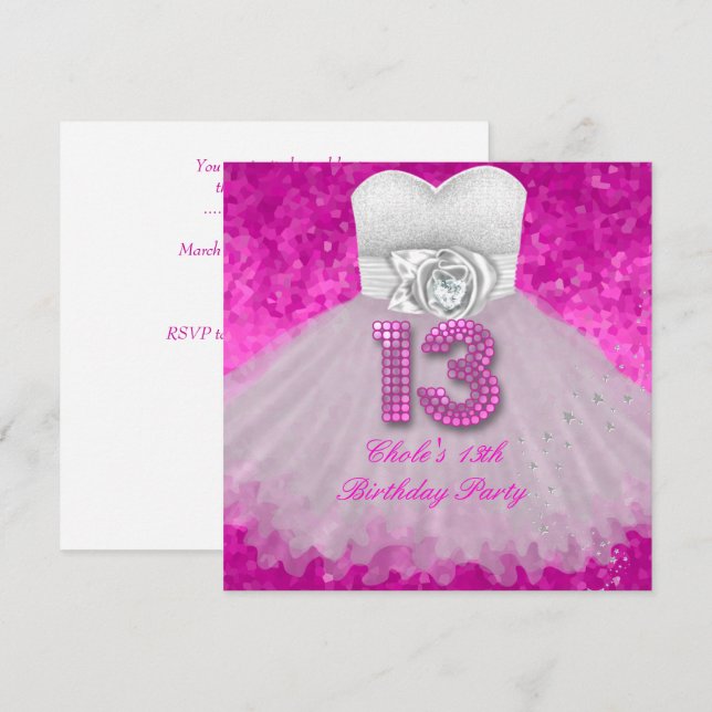 Sweet 13 13th Birthday Party Girls Hot Pink Invitation (Front/Back)